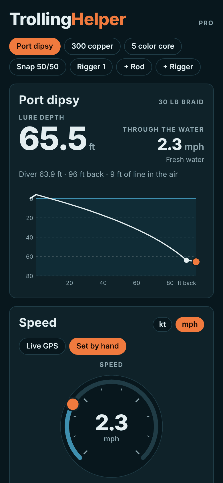 TrollingHelper in dark mode with a disk diver rig at 65.5 feet and the line's shape