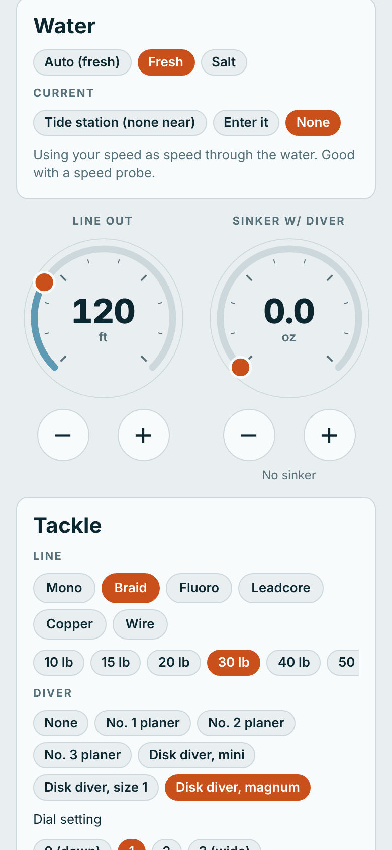 TrollingHelper water settings and the line out and sinker dials with plus and minus buttons