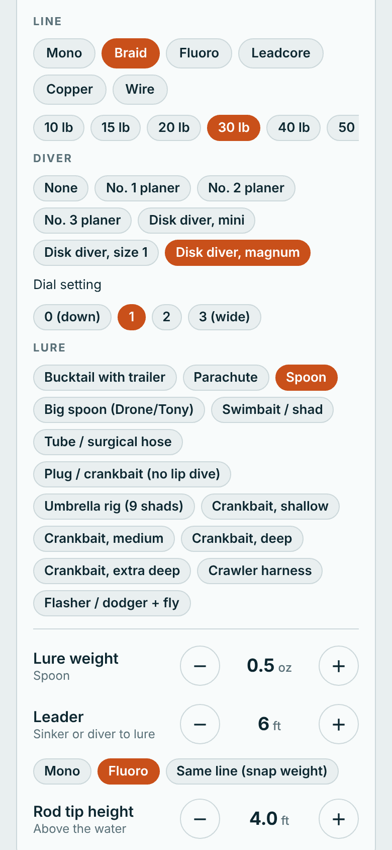 Tackle settings: line types and tests, divers with a disk diver magnum on setting 1, and lure types